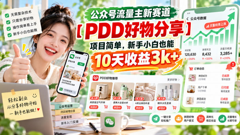 公众号流量主新赛道【PDD好物分享】,项目简单,新手小白也能10天收益3k+-源创文化