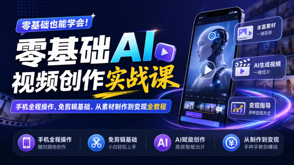 零基础AI视频创作实战课|手机全程操作、免剪辑基础、从素材制作到变现全教程-源创文化