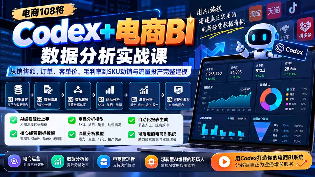 Codex+电商BI数据分析实战课-更新:从销售额、订单、客单价、毛利率到SKU动销与流量投产完整建模-源创文化
