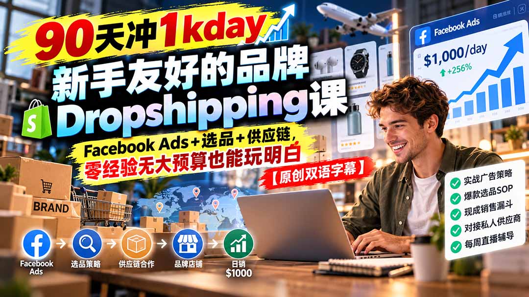 90天冲1kday 新手友好的品牌Dropshipping课:Facebook Ads+选品+供应链,零经验无大预算也能玩明白【原创双语字幕】-源创文化