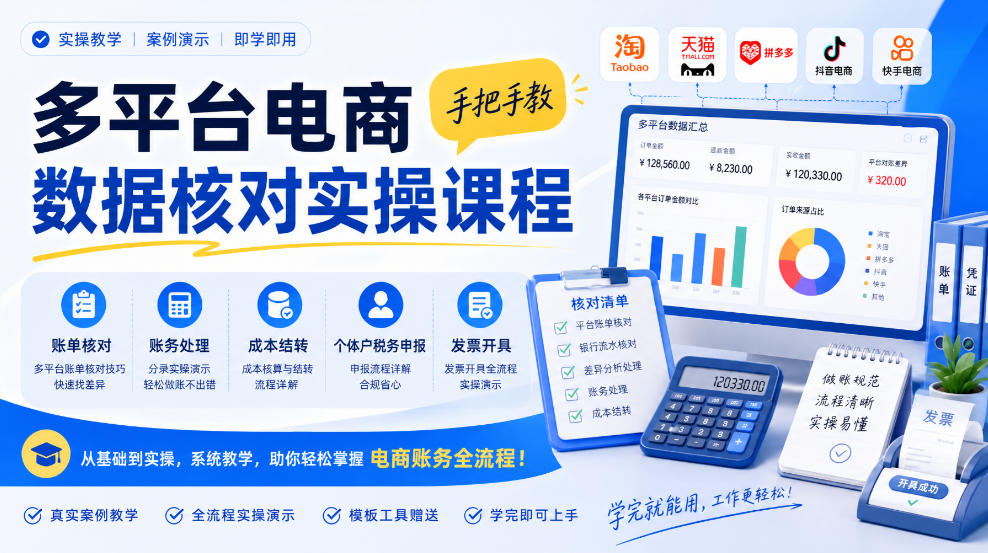 多平台电商数据核对实操课程,手把手教账单核对、账务处理、成本结转、个体户税务申报与发票开具-源创文化