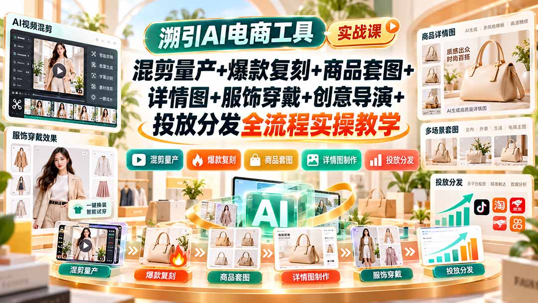 溯引AI电商工具实战课:混剪量产+爆款复刻+商品套图+详情图+服饰穿戴+创意导演+投放分发全流程实操教学-源创文化