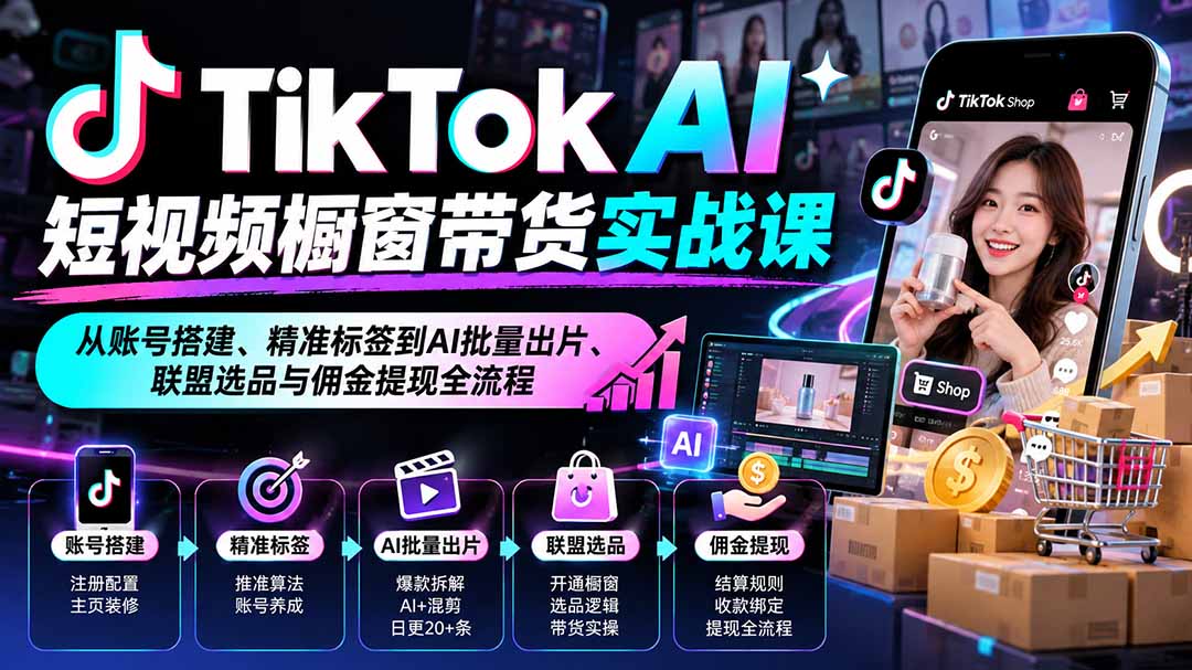 TikTok AI短视频橱窗带货实战课:从账号搭建、精准标签到AI批量出片、联盟选品与佣金提现全流程-源创文化
