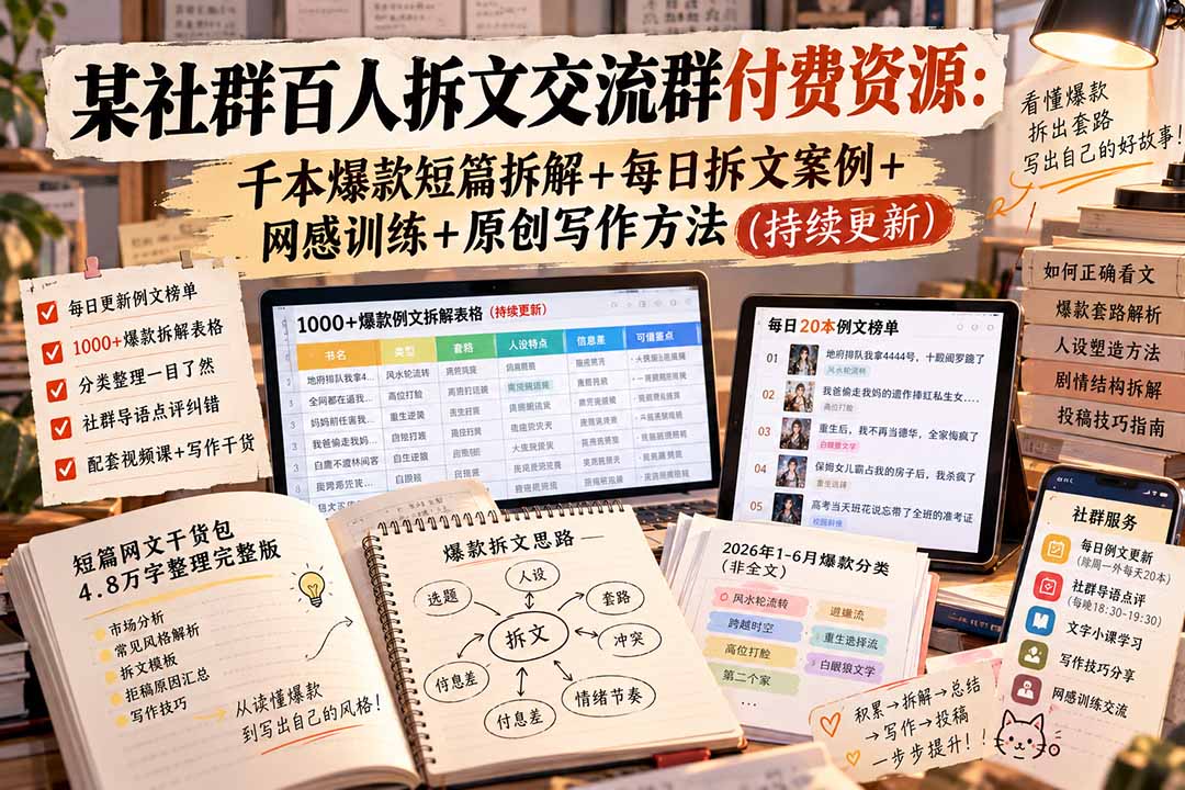 某社群百人拆文交流群付费资源-更新0929:千本爆款短篇拆解+每日拆文案例+网感训练+原创写作方法-源创文化
