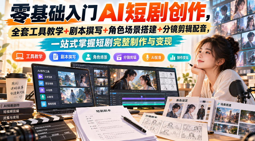 零基础入门AI短剧创作,全套工具教学+剧本撰写+角色场景搭建+分镜剪辑配音,一站式掌握短剧完整制作与变现-源创文化