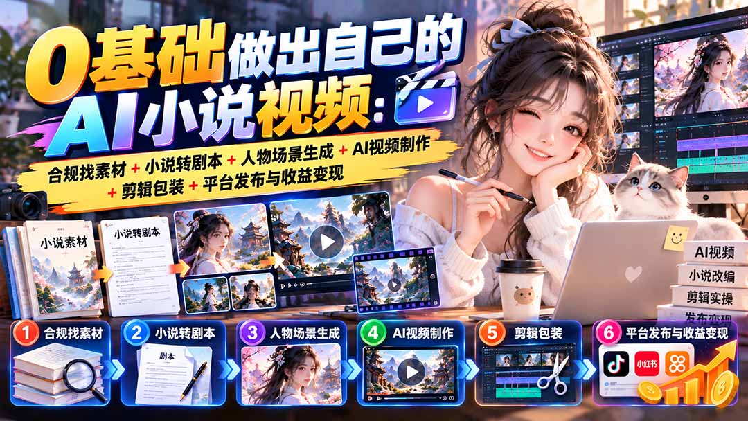 0基础做出自己的AI小说视频:合规找素材+小说转剧本+人物场景生成+AI视频制作+剪辑包装+平台发布与收益变现-源创文化