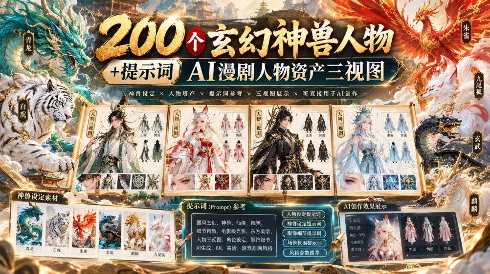 200个玄幻神兽人物+提示词ai漫剧人物资产三视图-源创文化
