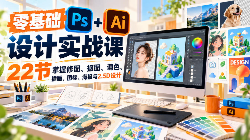【无水印】零基础PS+AI设计实战课｜22节掌握修图、抠图、调色、插画、图标、海报与2.5D设计-源创文化