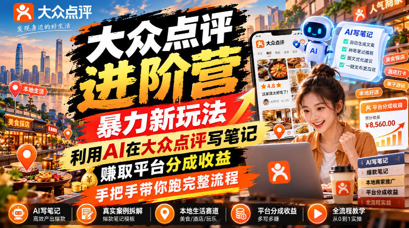 大众点评进阶营,暴力新玩法,利用AI在大众点评写笔记, 賺取平台分成收益,手把手带你跑完整流程-源创文化