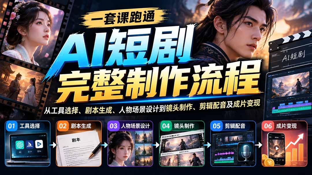 一套课跑通AI短剧完整制作流程：从工具选择、剧本生成、人物场景设计到镜头制作、剪辑配音及成片变现-源创文化