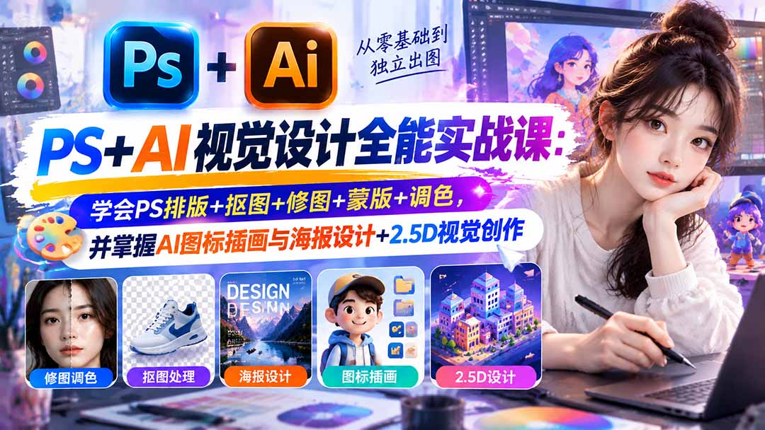 【无水印】PS+AI视觉设计全能实战课:学会PS排版+抠图+修图+蒙版+调色,并掌握AI图标插画与海报设计+2.5D视觉创作-源创文化
