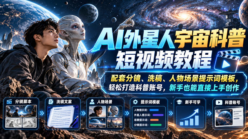 AI外星人宇宙科普短视频教程,配套分镜、洗稿、人物场景提示词模板,轻松打造科普账号,新手也能直接上手创作-源创文化