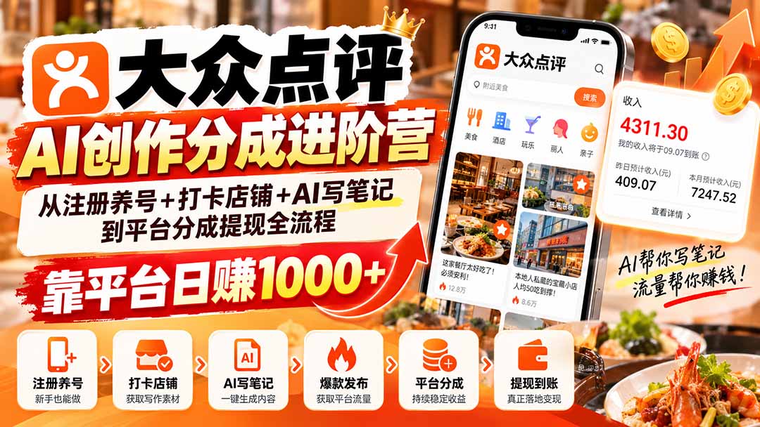 大众点评AI创作分成进阶营:从注册养号+打卡店铺+AI写笔记到平台分成提现全流程,靠平台日赚1000+-源创文化