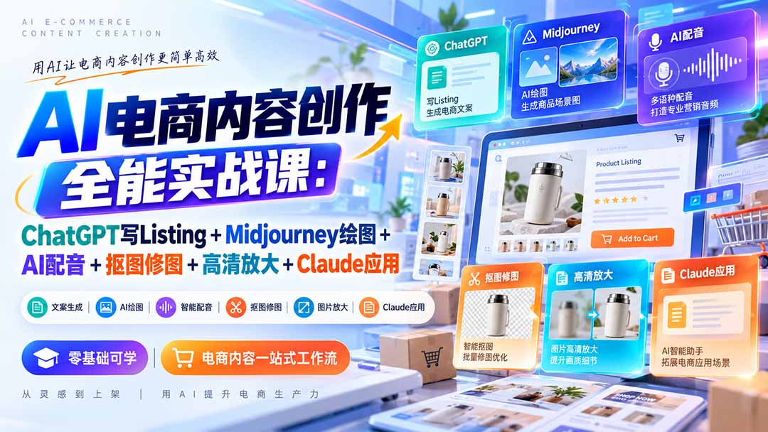 【无水印】AI电商内容创作全能实战课:ChatGPT写Listing+Midjourney绘图+AI配音+抠图修图+高清放大+Claude应用-源创文化