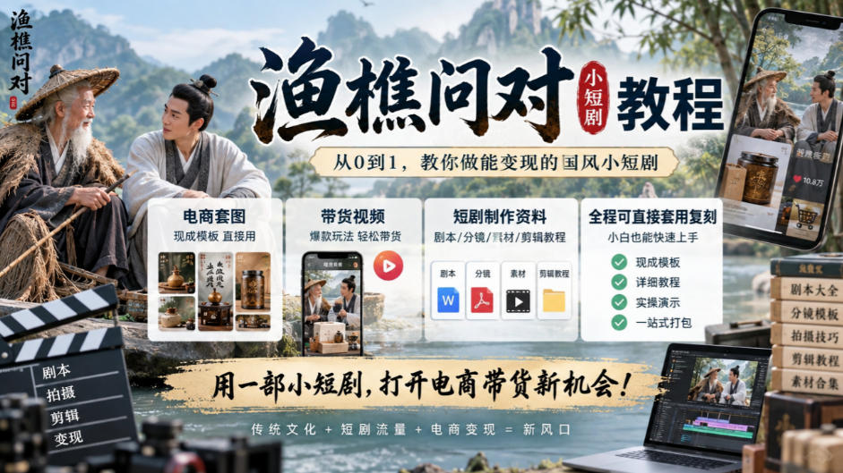 渔樵问对小短剧教程,包含电商套图、带货视频,短剧制作资料,全程可直接套用复刻-源创文化
