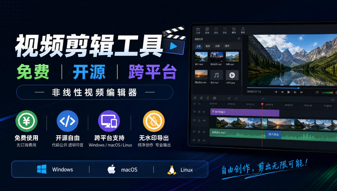 视频剪辑工具,免费、开源、跨平台,非线性视频编辑器,支持Windows、macOS、Linux,无水印、无订阅费用-源创文化