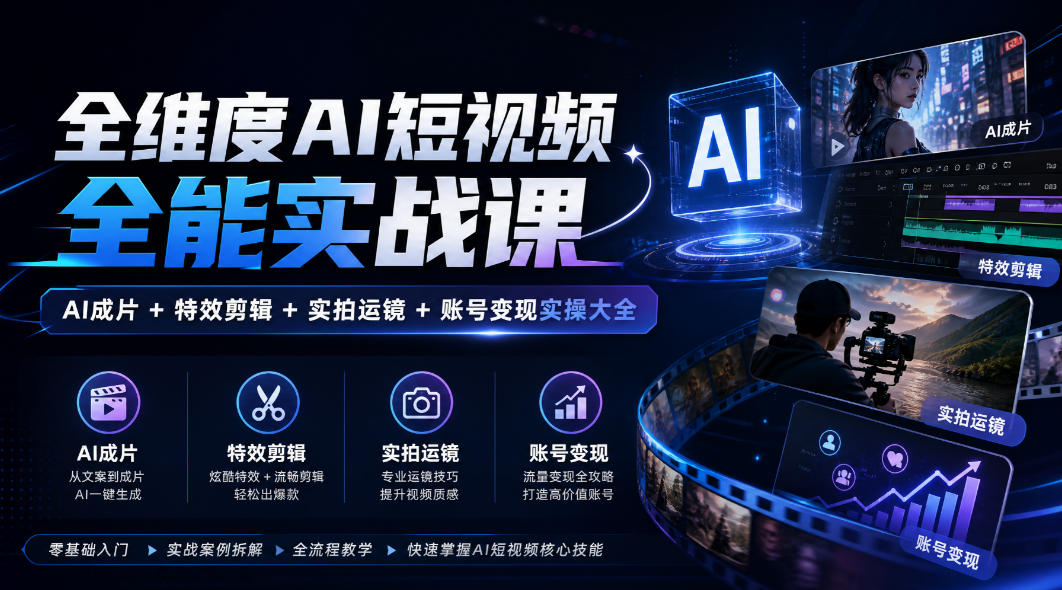 全维度AI短视频全能实战课,AI成片+特效剪辑+实拍运镜+账号变现实操大全-源创文化