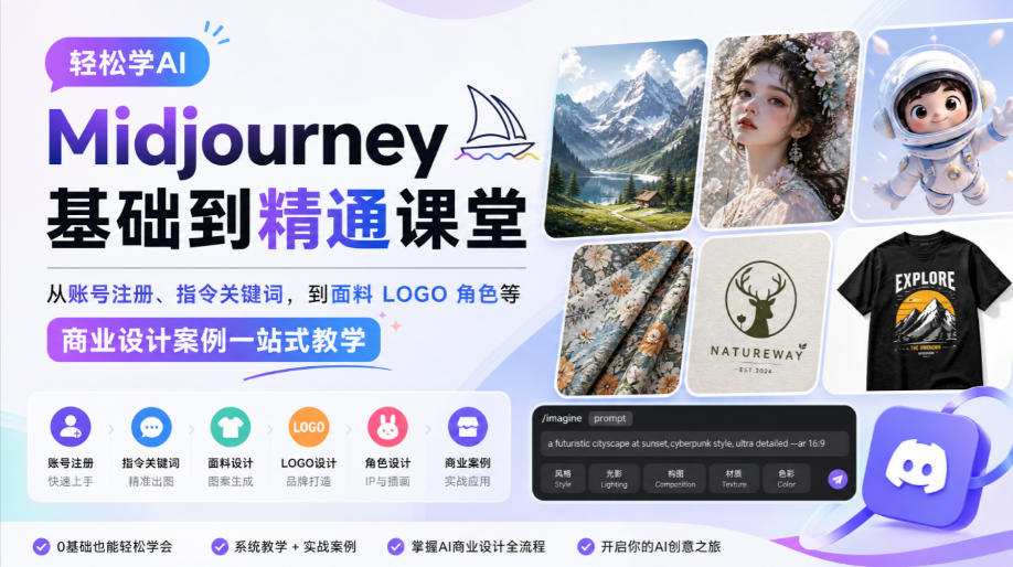 轻松学AI Midjourney基础到精通课堂,从账号注册、指令关键词,到面料LOGO角色等商业设计案例一站式教学-源创文化