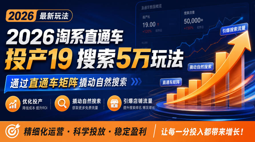 2026淘系直通车投产19搜索5万玩法,通过直通车矩阵撬动自然搜索,帮助商家优化投产,引爆店铺搜索流量-源创文化