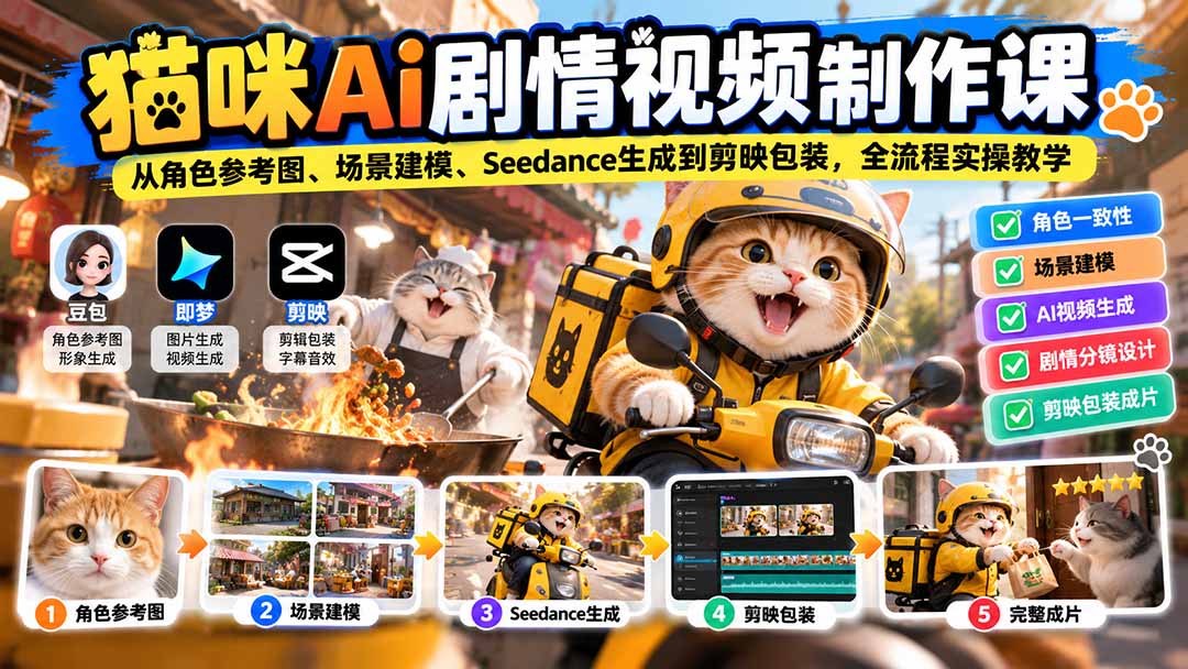 猫咪AI剧情视频制作课:从角色参考图、场景建模、Seedance生成到剪映包装,全流程实操教学-源创文化