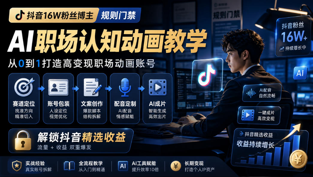 抖音16W粉丝博主规则门禁的AI职场认知动画教学,从赛道定位、账号包装,到文案创作、配音定制、AI成片,解锁抖音精选收益-源创文化
