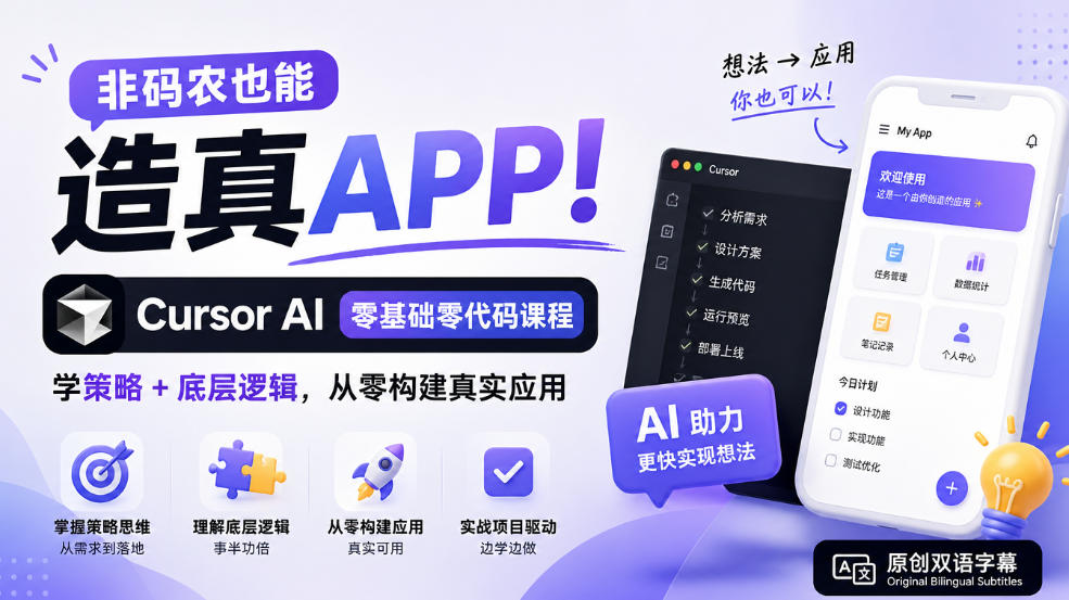 非码农也能造真APP!Cursor AI零基础零代码课程:学策略+底层逻辑,从零构建真实应用【原创双语字幕】-源创文化