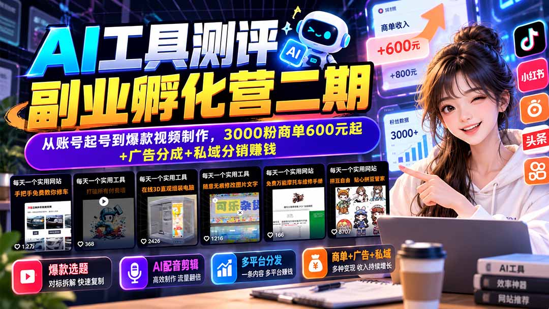 AI工具测评副业孵化营二期：从账号起号到爆款视频制作，3000粉商单600元起+广告分成+私域分销赚钱-源创文化