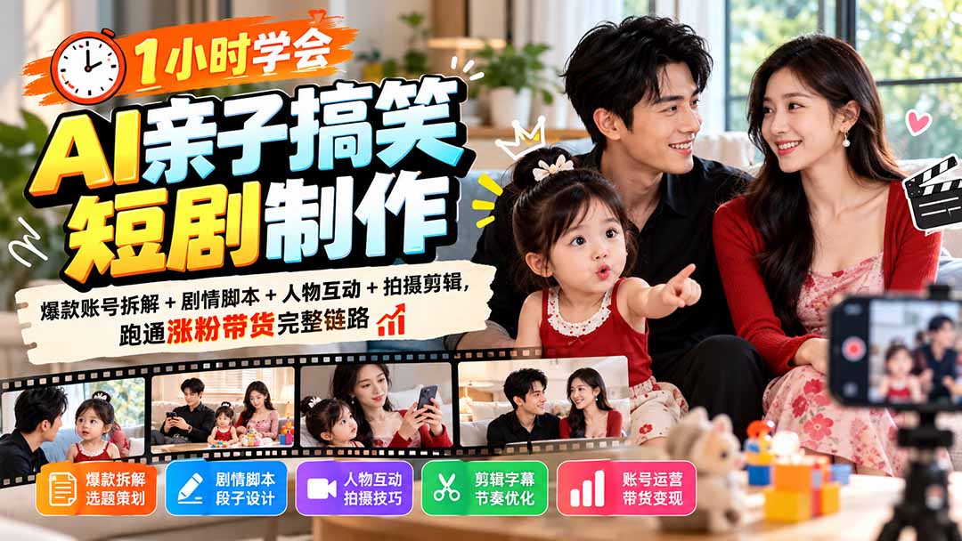 1小时学会AI亲子搞笑短剧制作:爆款账号拆解+剧情脚本+人物互动+拍摄剪辑,跑通涨粉带货完整链路-源创文化