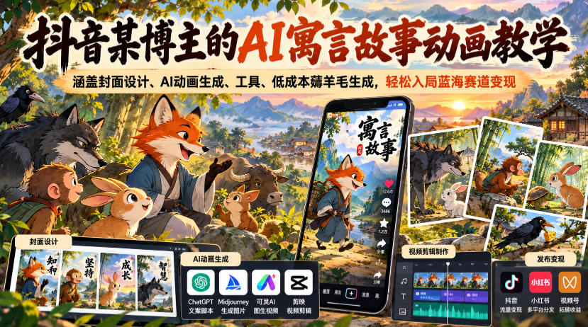 抖音某博主的AI寓言故事动画教学,涵盖封面设计、AI动画生成、工具、低成本薅羊毛生成,轻松入局蓝海赛道变现-源创文化
