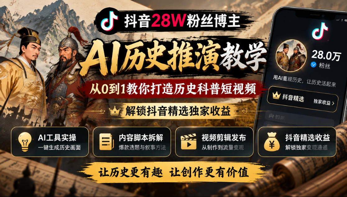抖音28W粉丝博主的AI历史推演教学,从0到1教你打造历史科普短视频,解锁抖音精选独家收益-源创文化