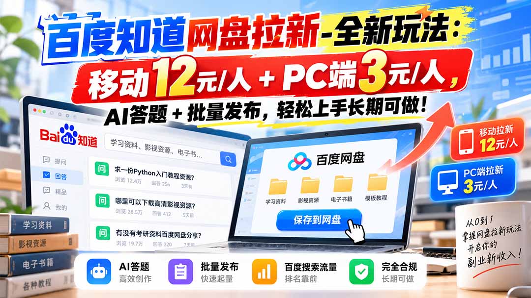 百度知道网盘拉新-全新玩法:移动12元/人+PC端3元/人,AI答题+批量发布,轻松上手长期可做!-源创文化