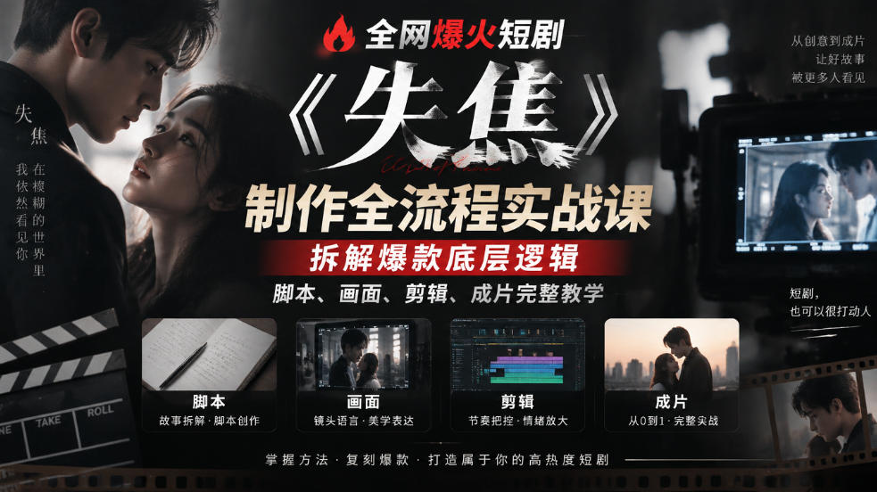 全网爆火短剧《失焦》制作全流程实战课｜拆解爆款底层逻辑，脚本、画面、剪辑、成片完整教学-源创文化