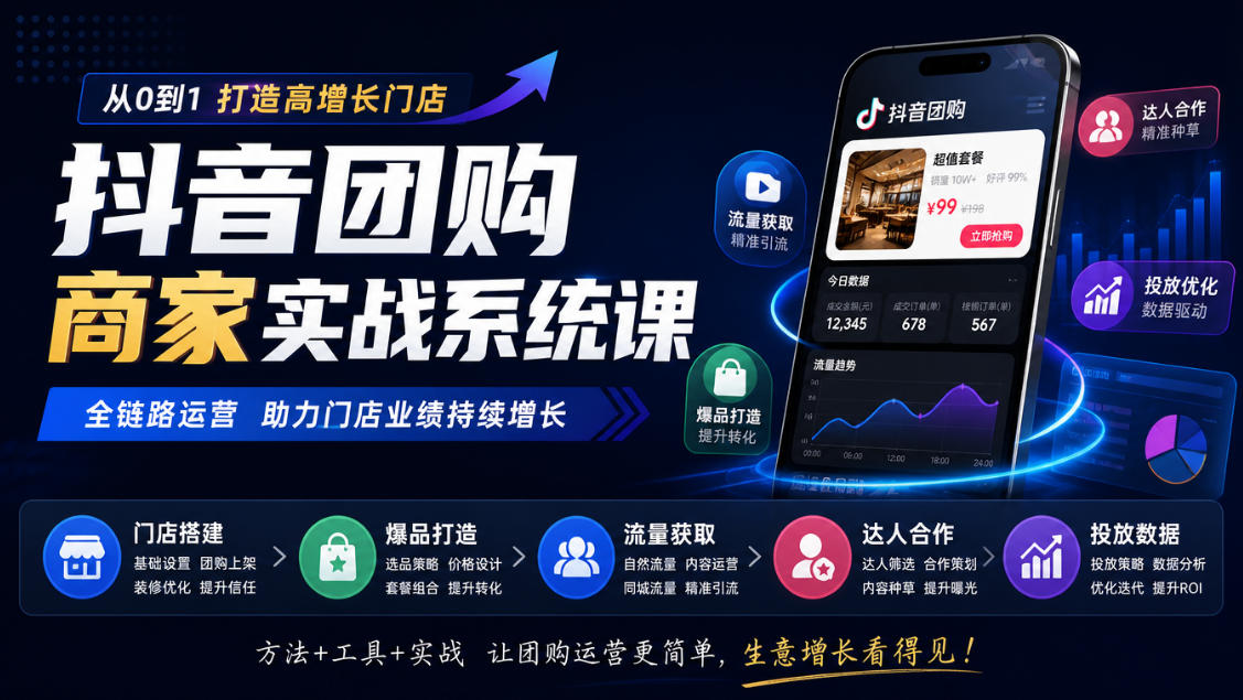 抖音团购商家实战系统课|门店搭建、爆品打造、流量获取、达人合作、投放数据全链路运营-源创文化