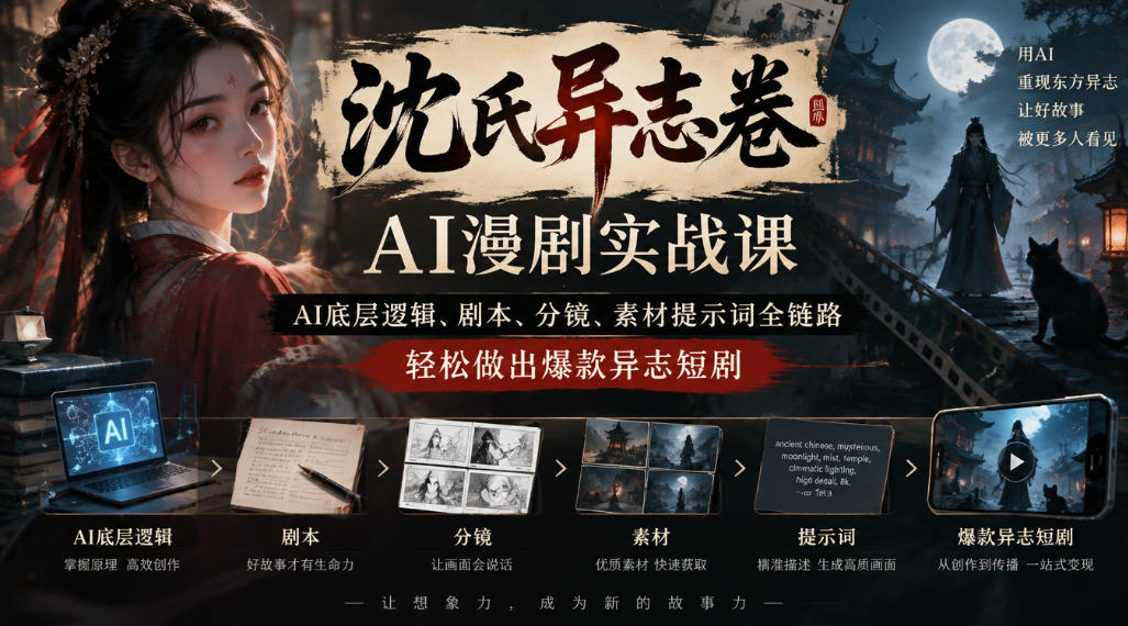 沈氏异志卷AI漫剧实战课｜AI底层逻辑、剧本、分镜、素材提示词全链路，轻松做出爆款异志短剧-源创文化