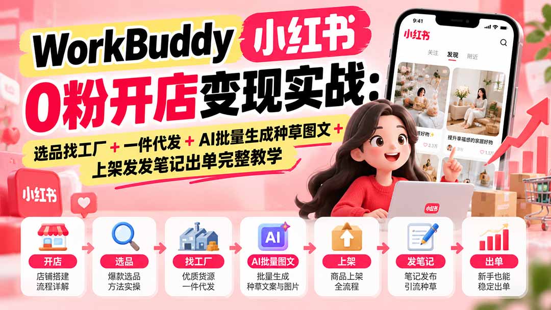 WorkBuddy小红书0粉开店变现实战:选品找工厂+一件代发+AI批量生成种草图文+上架发发笔记出单完整教学-源创文化