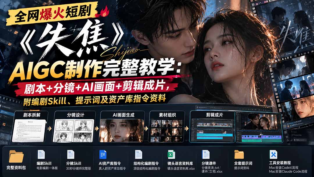 全网爆火短剧《失焦》AIGC制作完整教学:剧本+分镜+AI画面+剪辑成片,附编剧Skill、提示词及资产库指令资料-源创文化