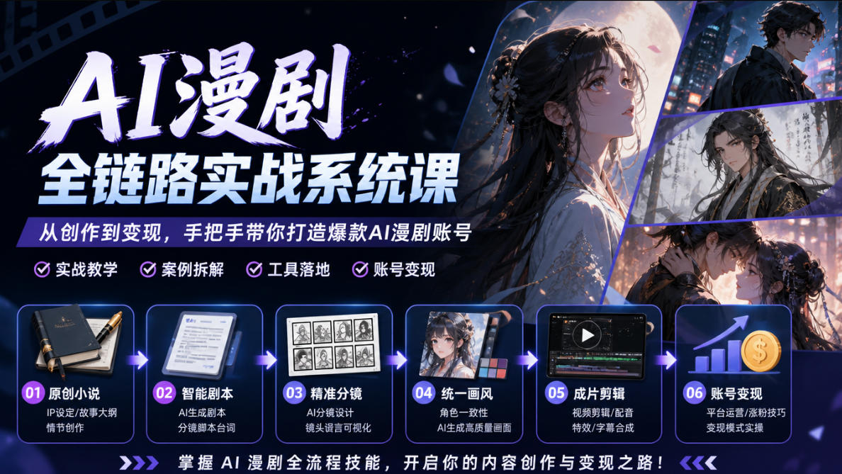 AI漫剧全链路实战系统课|原创小说、智能剧本、精准分镜、统一画风、成片剪辑、账号变现实操教学-源创文化
