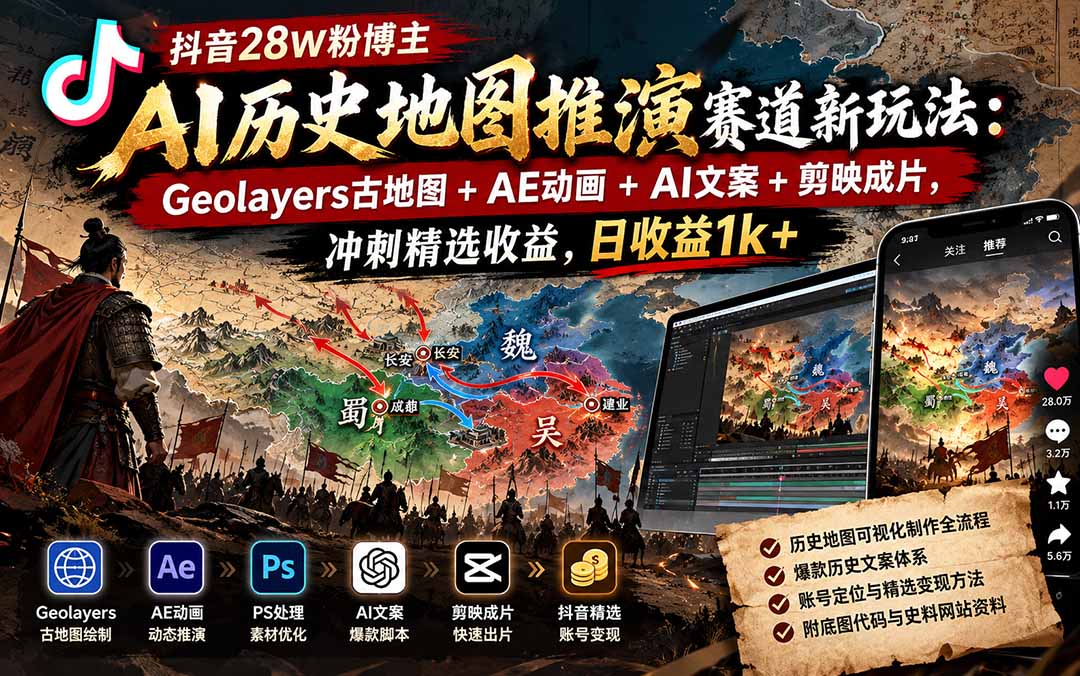 抖音28W粉博主AI历史地图推演赛道新玩法:Geolayers古地图+AE动画+AI文案+剪映成片,冲刺精选收益,日收益1k+-源创文化