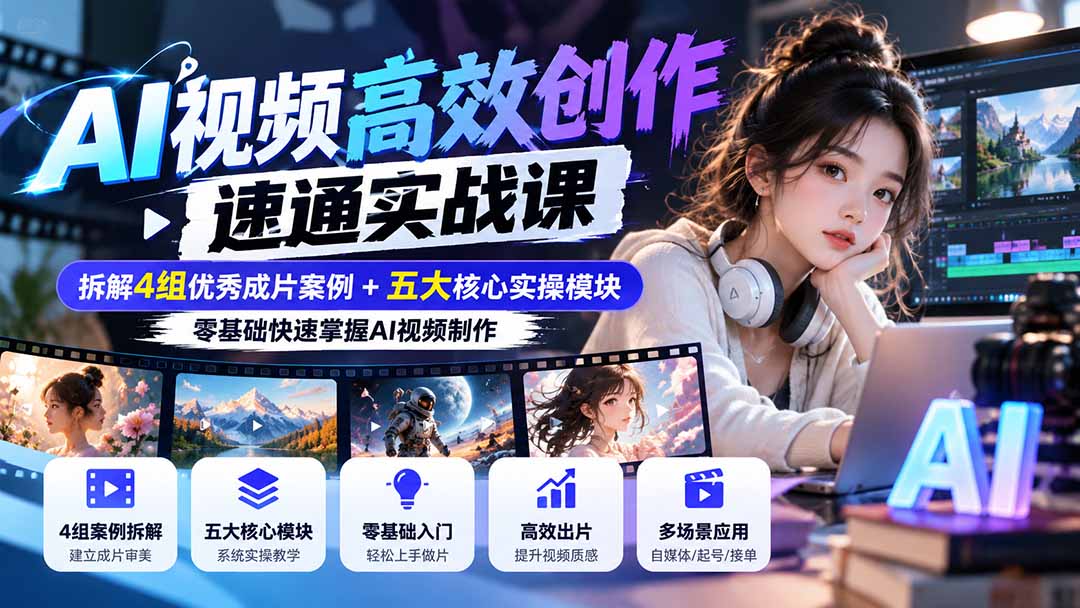 【无水印】AI视频高效创作速通实战课:拆解4组优秀成片案例+五大核心实操模块,零基础快速掌握AI视频制作-源创文化