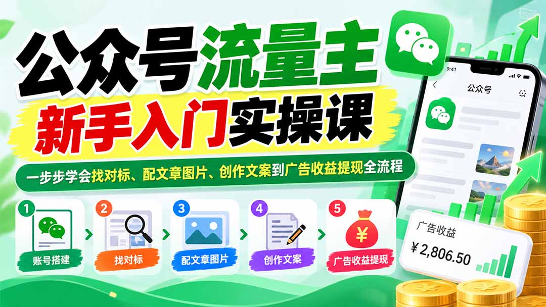 公众号流量主新手入门实操课:一步步学会找对标、配文章图片、创作文案到广告收益提现全流程-源创文化