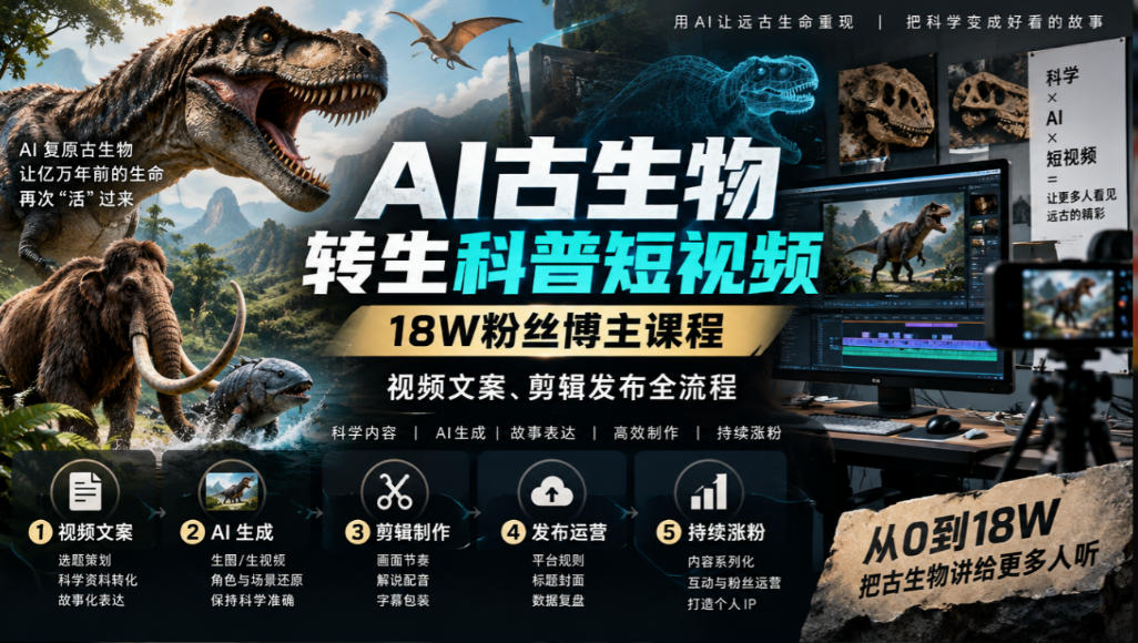 AI古生物转生科普短视频,18W粉丝博主课程,视频文案、剪辑发布全流程-源创文化