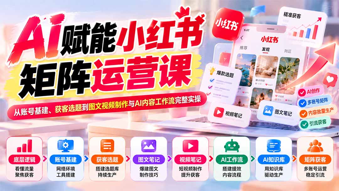 AI赋能小红书矩阵运营课:从账号基建、获客选题到图文视频制作与AI内容工作流完整实操-源创文化