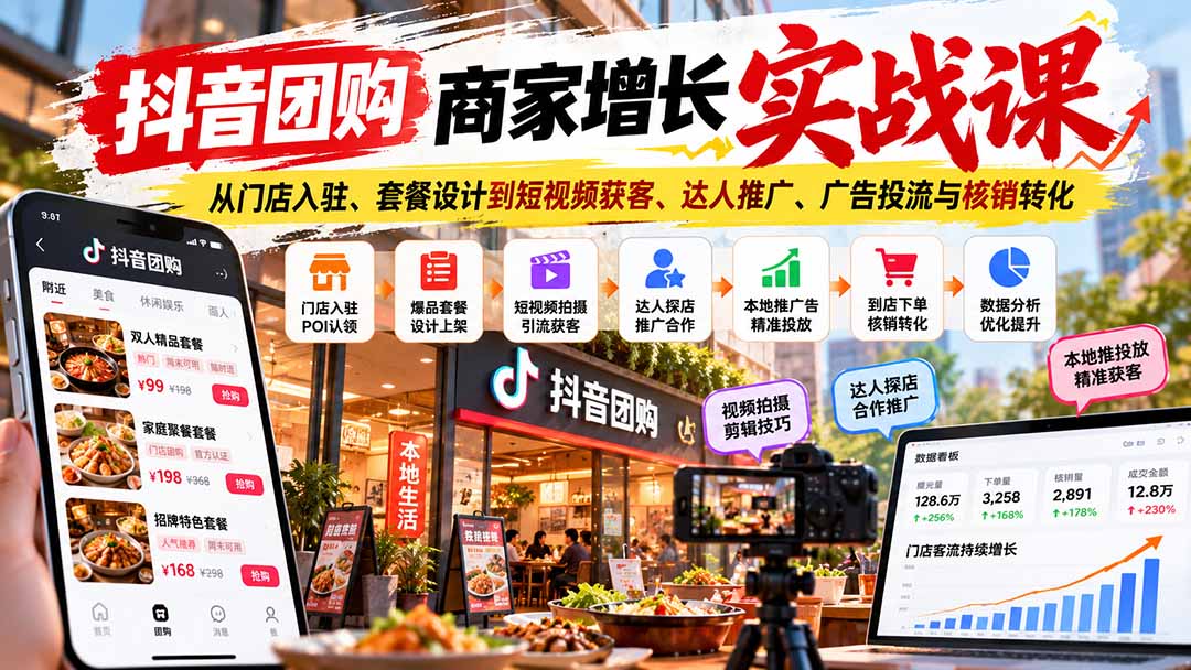 抖音团购商家增长实战课:从门店入驻、套餐设计到短视频获客、达人推广、广告投流与核销转化-源创文化