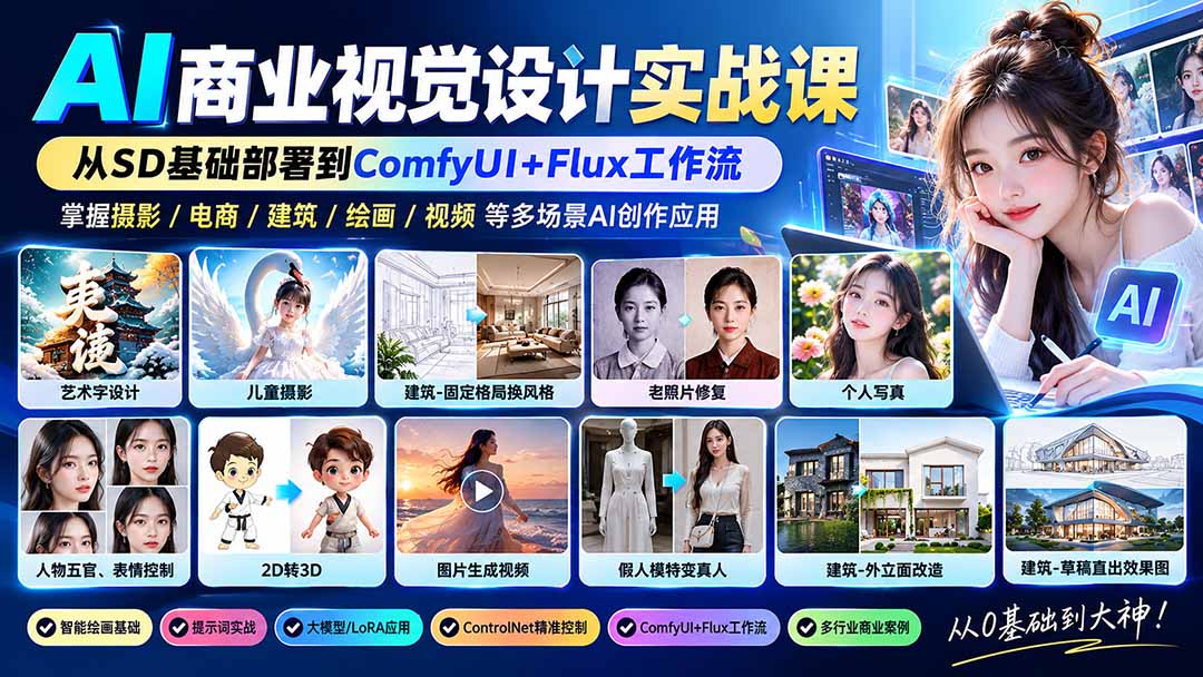 【无水印】AI商业视觉设计实战课:从SD基础部署到ComfyUI+Flux工作流,掌握摄影电商建筑AI创作-源创文化