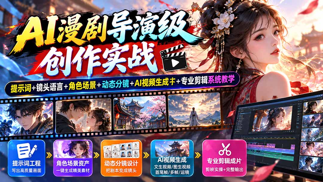 AI漫剧导演级创作实战:提示词+镜头语言+角色场景+动态分镜+AI视频生成+专业剪辑系统教学-源创文化