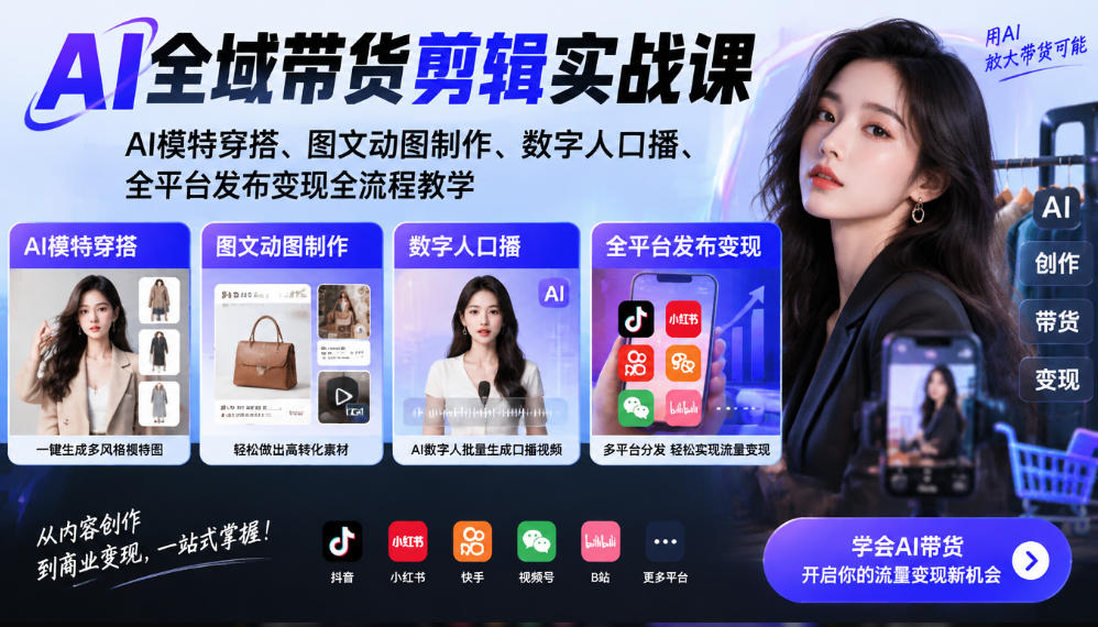 AI全域带货剪辑实战课|AI模特穿搭、图文动图制作、数字人口播、全平台发布变现全流程教学-源创文化