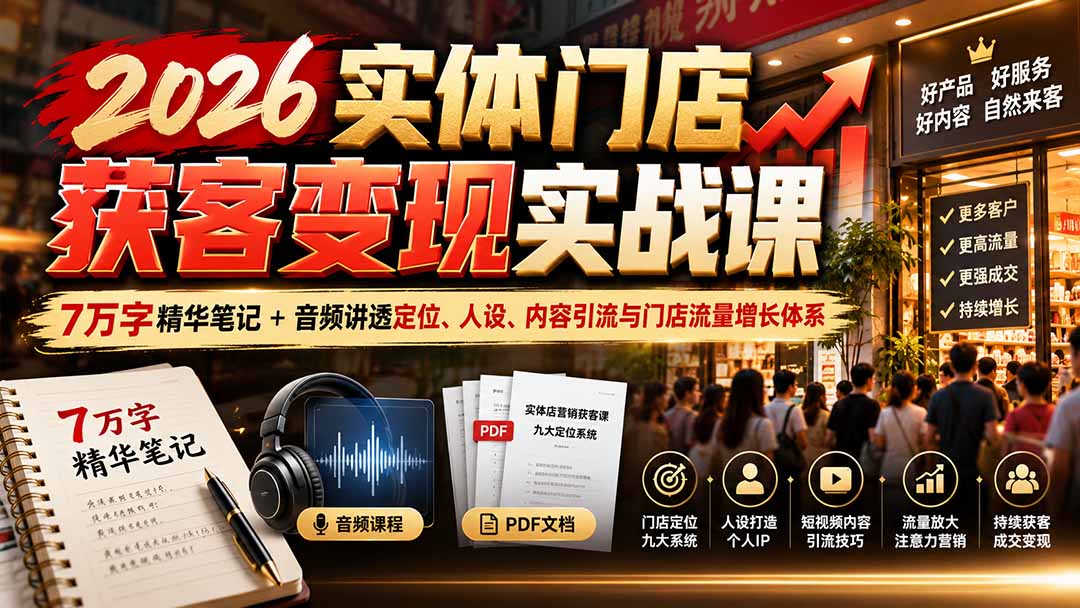 2026实体门店获客变现实战课:7万字精华笔记+音频讲透定位、人设、内容引流与门店流量增长体系-源创文化