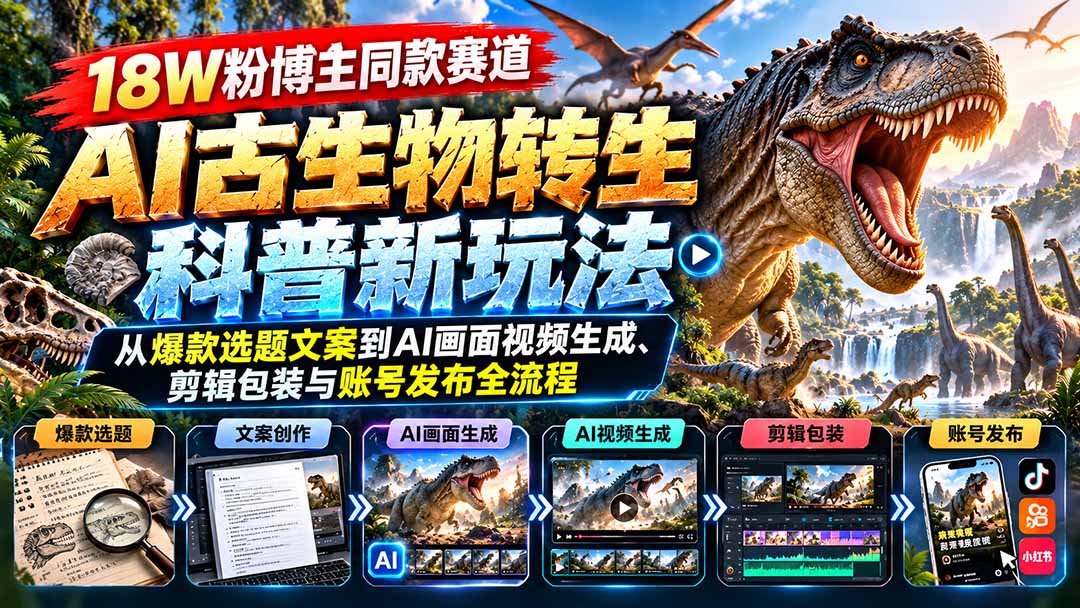 18W粉博主同款赛道-AI古生物转生科普新玩法:从爆款选题文案到AI画面视频生成、剪辑包装与账号发布全流程-源创文化