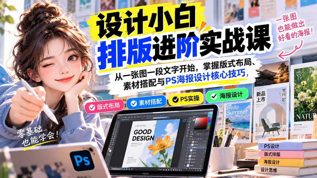 设计小白排版进阶实战课：从一张图一段文字开始，掌握版式布局、素材搭配与PS海报设计核心技巧-源创文化