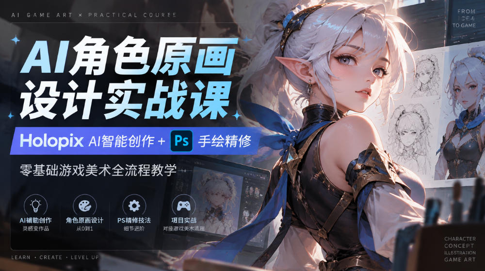 AI角色原画设计实战课|Holopix AI智能创作+PS手绘精修,零基础游戏美术全流程教学-源创文化